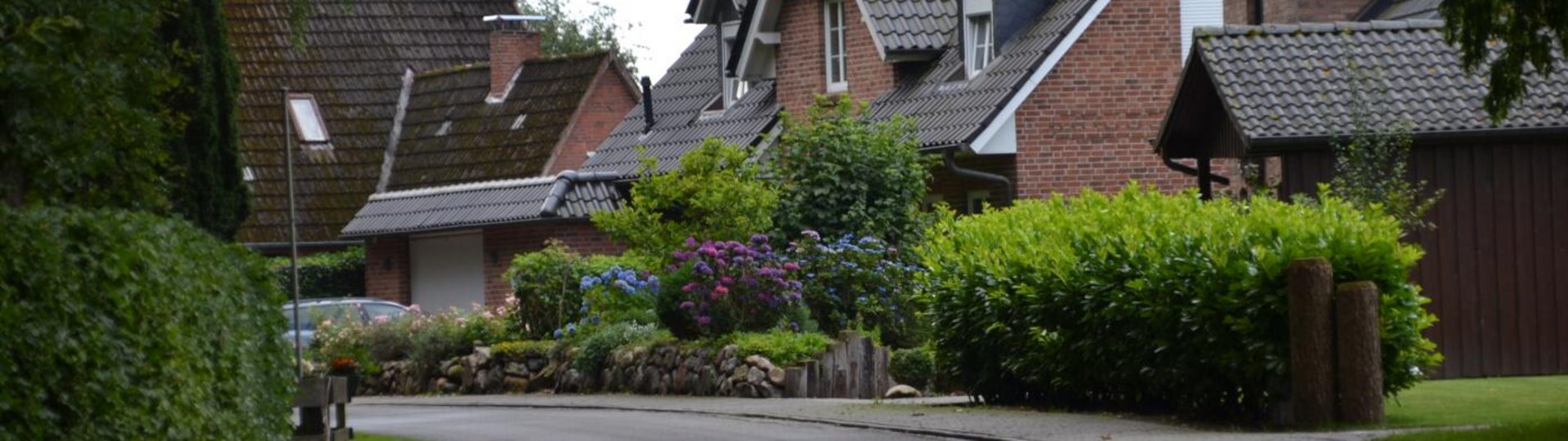 Haus mit hohen Büschen und Blumen davor