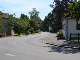 Straße in S-Form mit Häusern am Straßenrand